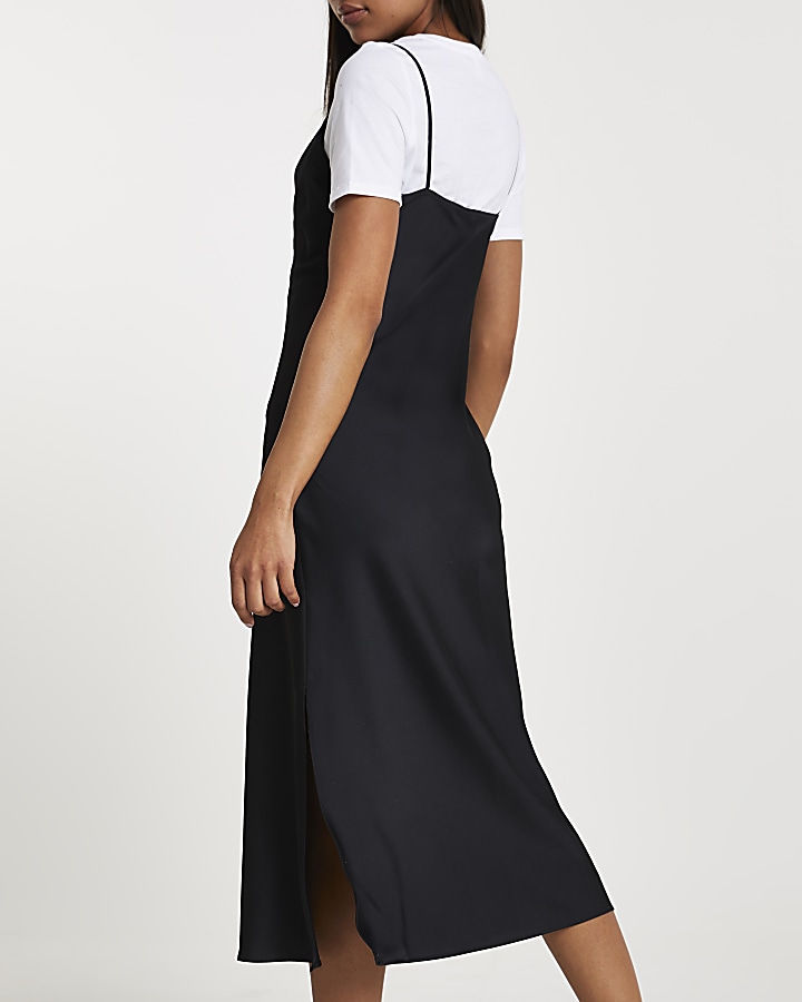 Black cowl neck midi dress with t-shirt