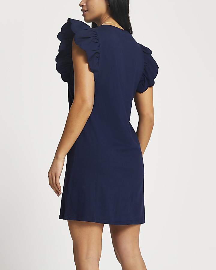 Petite navy scallop edge sleeveless dress