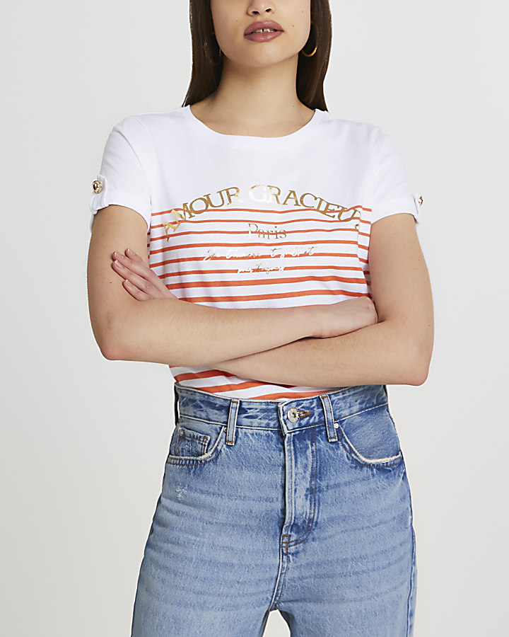 White 'Amour Gracieux' stripe t-shirt
