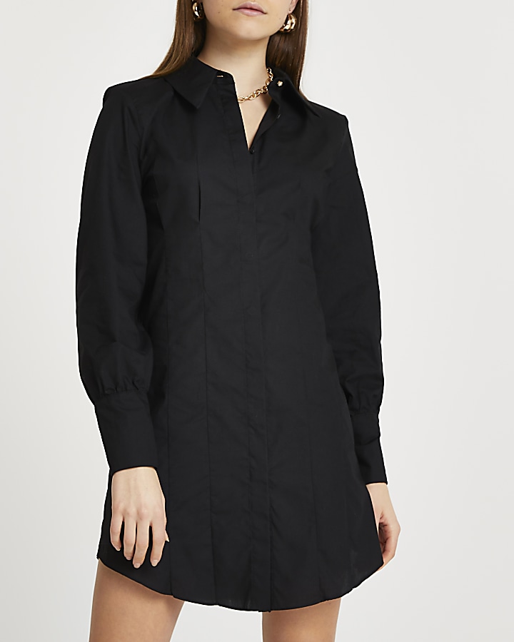 Black shoulder pad long sleeve shirt dress