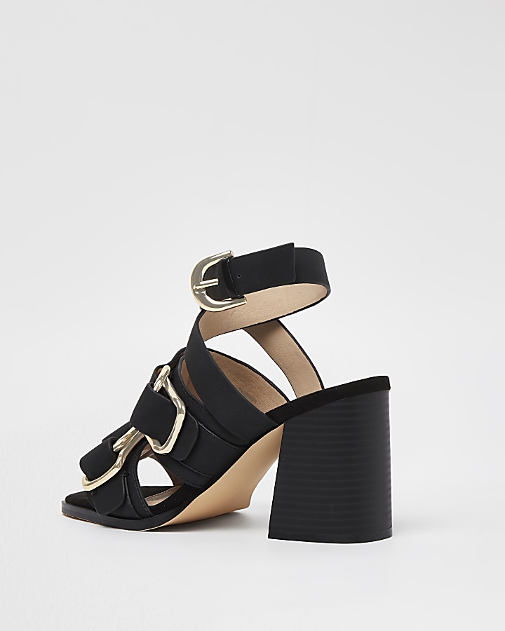 Black buckle block heels