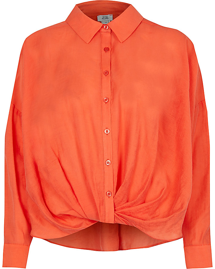Orange knot front long sleeve shirt