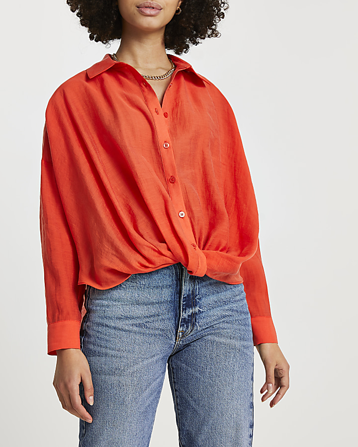 Orange knot front long sleeve shirt