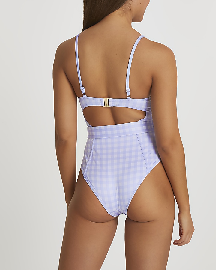 Purple gingham belted swimsuit