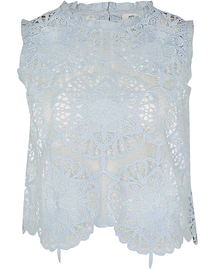 Blue sleeveless lace shell vest top