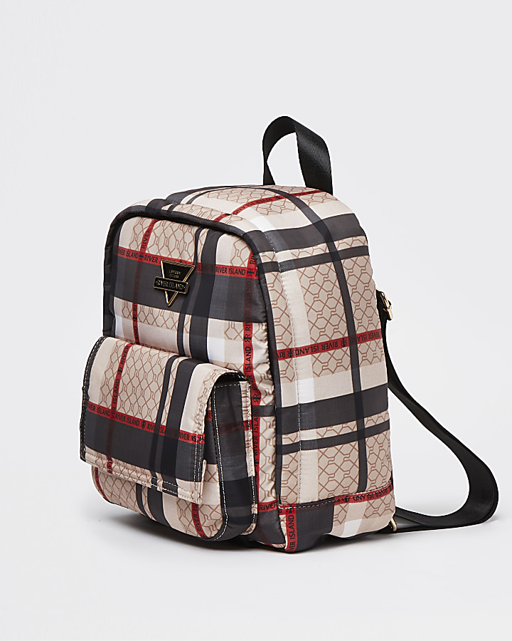 Beige front flap checked backpack & pouch