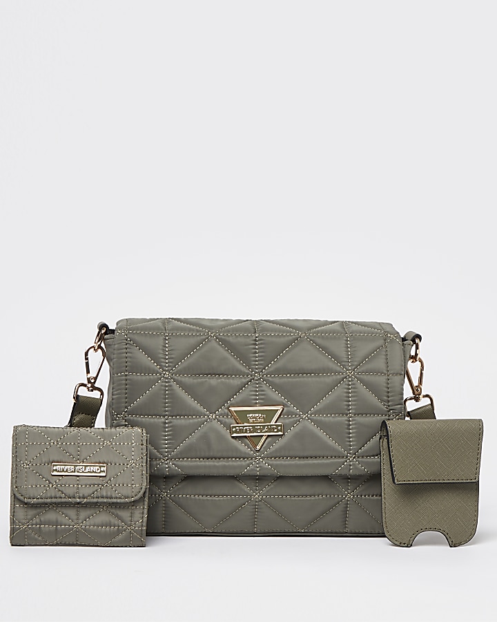 Khaki front flap quilted pouch bag