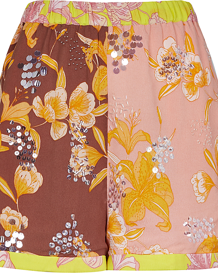 Brown floral embellished runner shorts