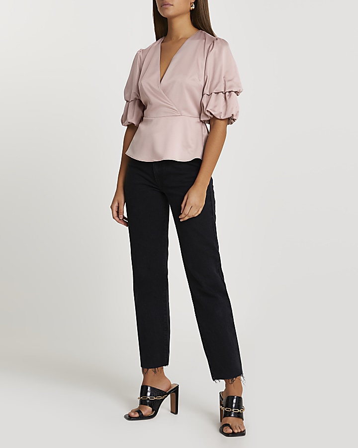 Pink double puff sleeve blouse top