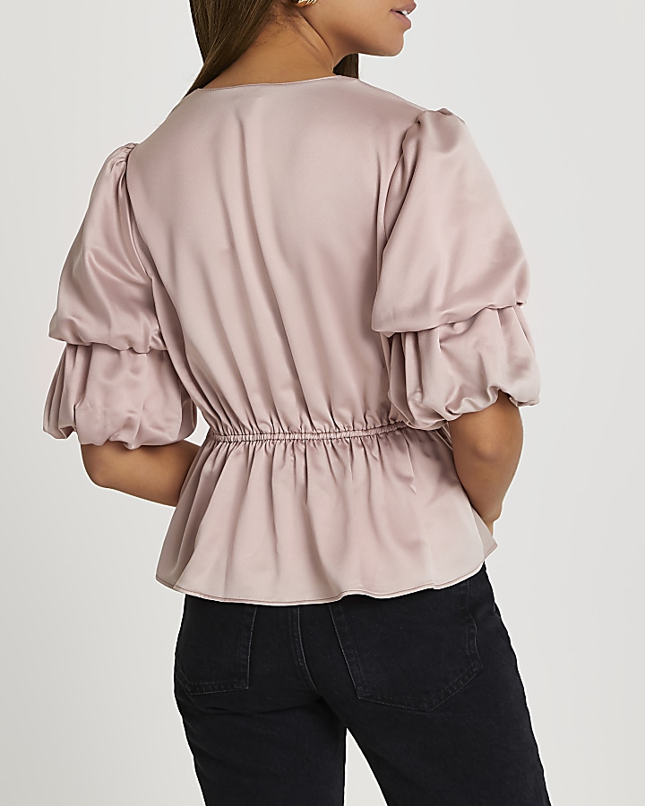 Pink double puff sleeve blouse top