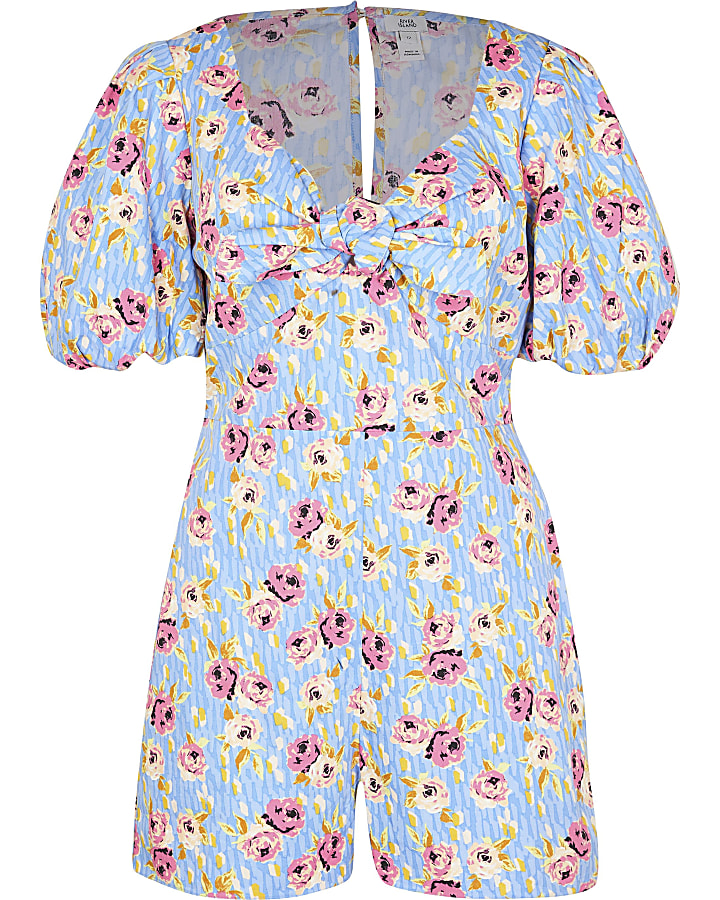 Blue floral puff sleeve bow front playsuit