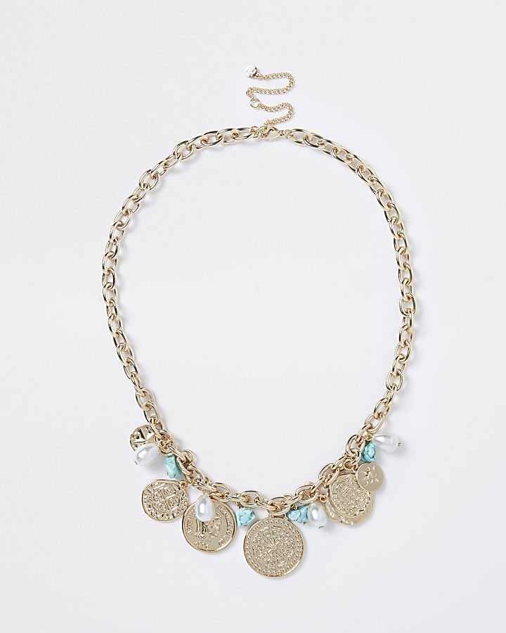 Gold and blue pearl chain necklace