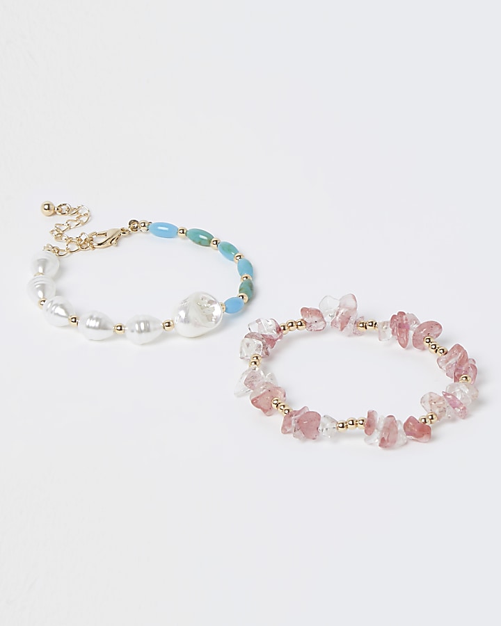 Blue and pink mixed stone bracelets 2 pack