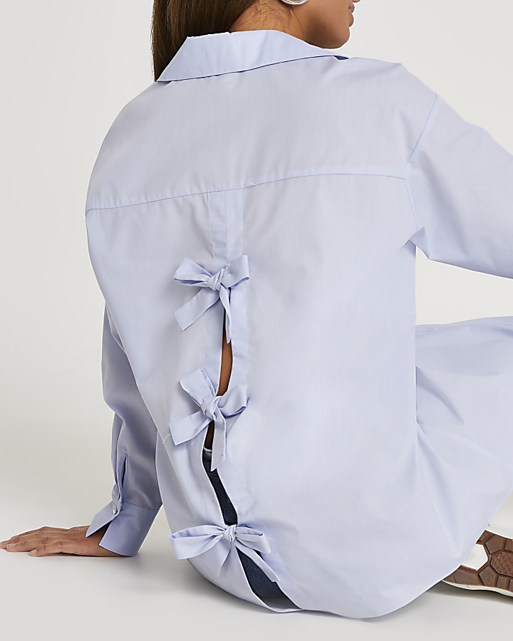 Blue bow tie back long sleeve shirt