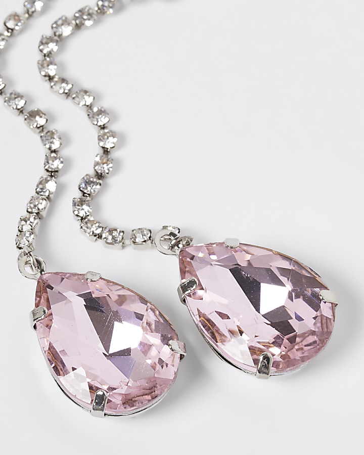 Silver pink stone tear drop earrings
