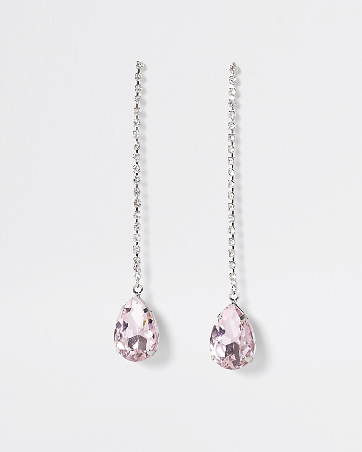 Silver pink stone tear drop earrings