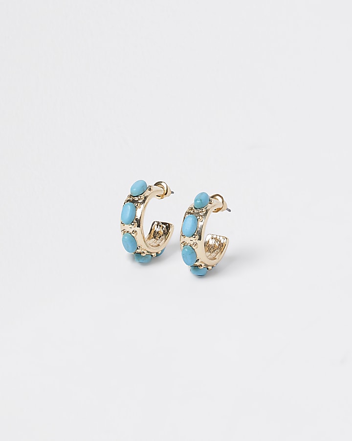 Gold and blue stone hoop earrings