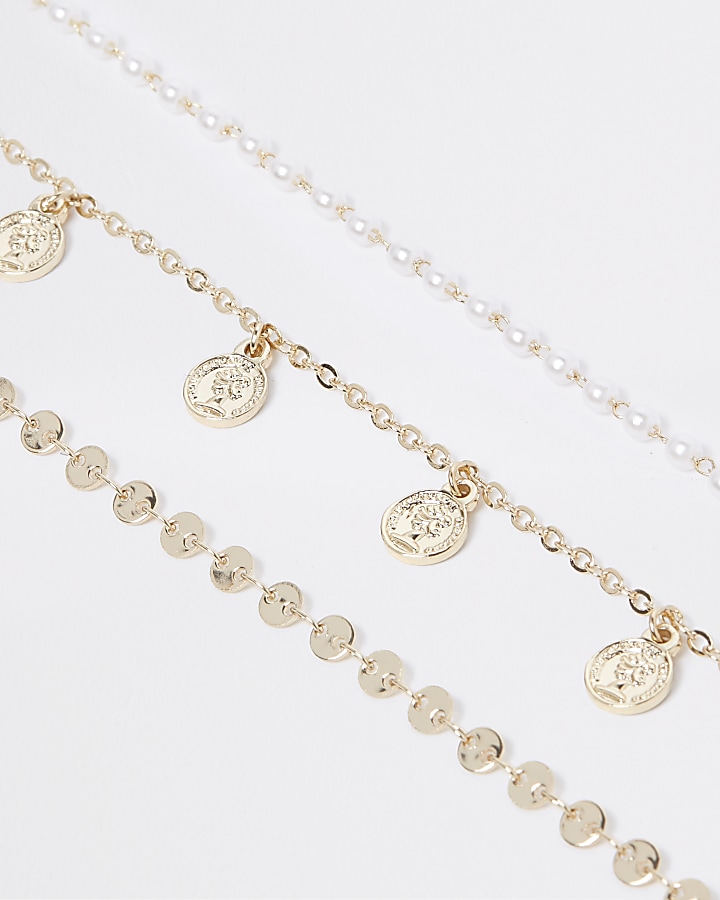 Gold pearl and coin anklet multipack