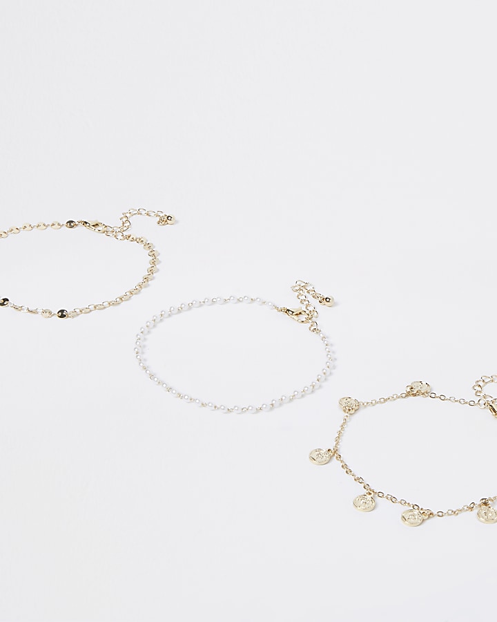 Gold pearl and coin anklet multipack
