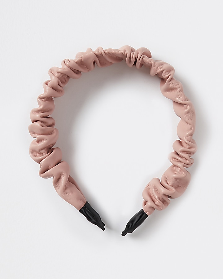 Pink ruched faux leather hair band