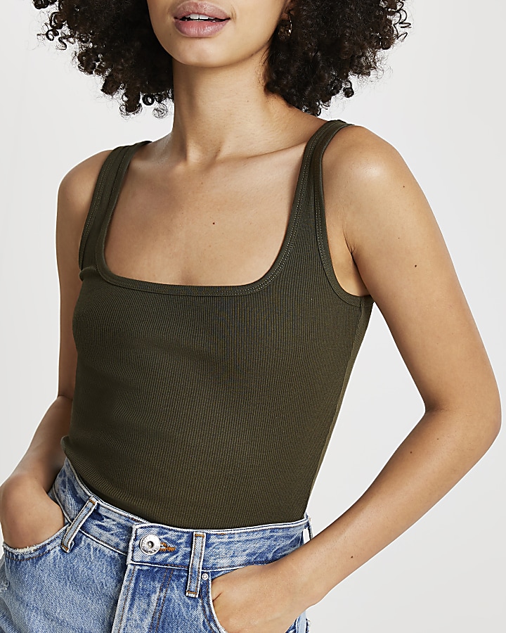 Khaki square neck fitted vest top