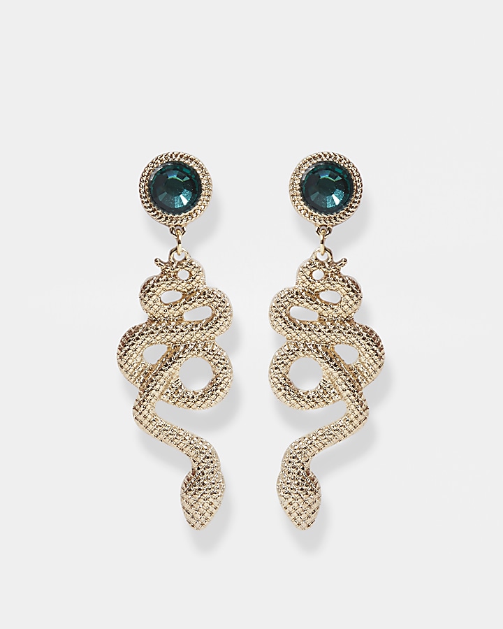 Gold snake green stone drop earrings