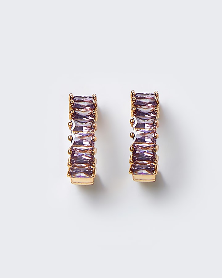 Gold baguette pink stone hoop earrings