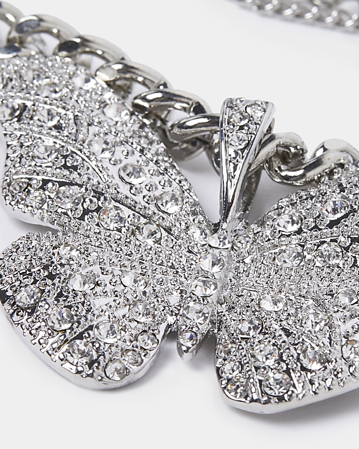 Silver colour diamante butterfly necklace
