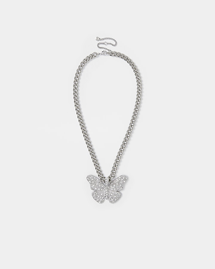 Silver colour diamante butterfly necklace