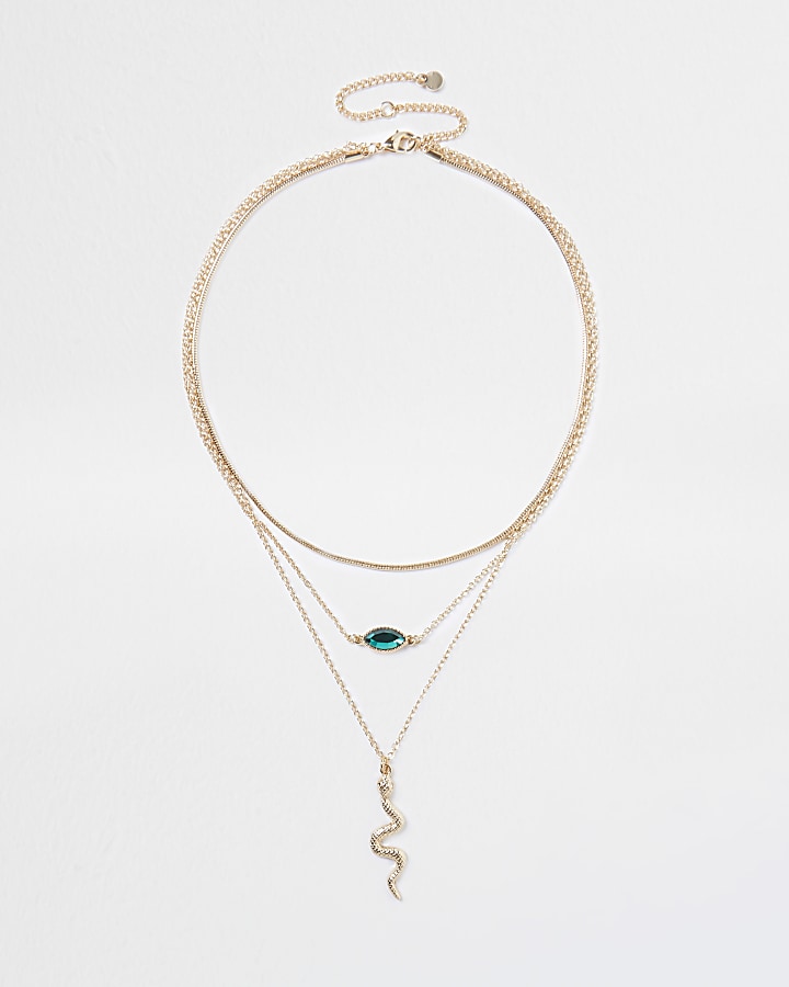Gold snake green stone necklace