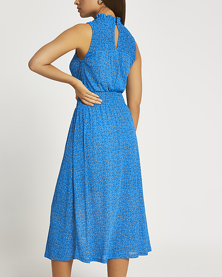 Blue printed shirred panel midi dress