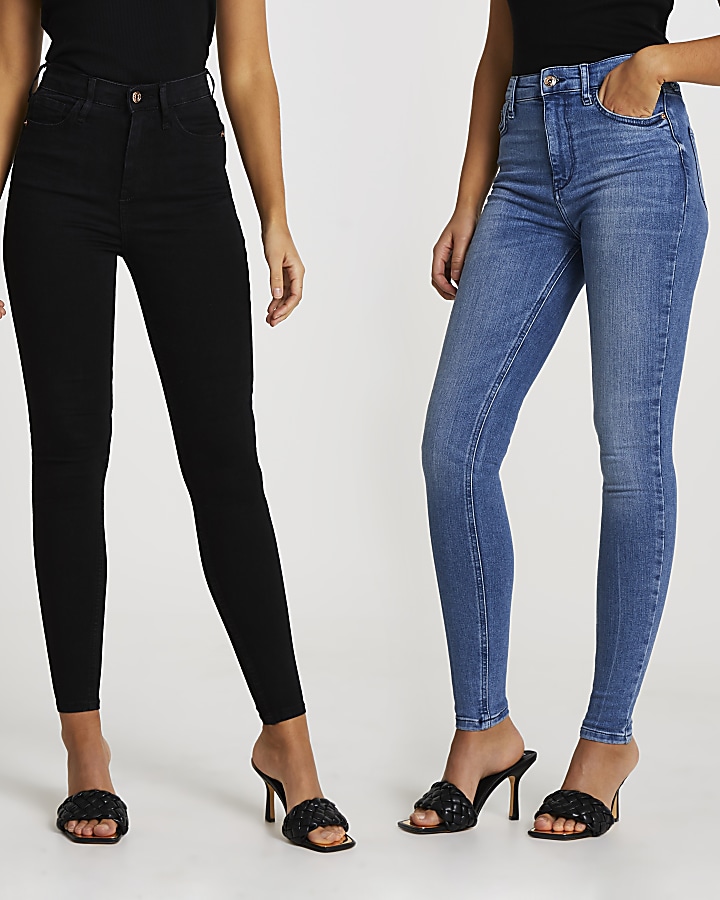 Blue and black high waisted jeans multipack