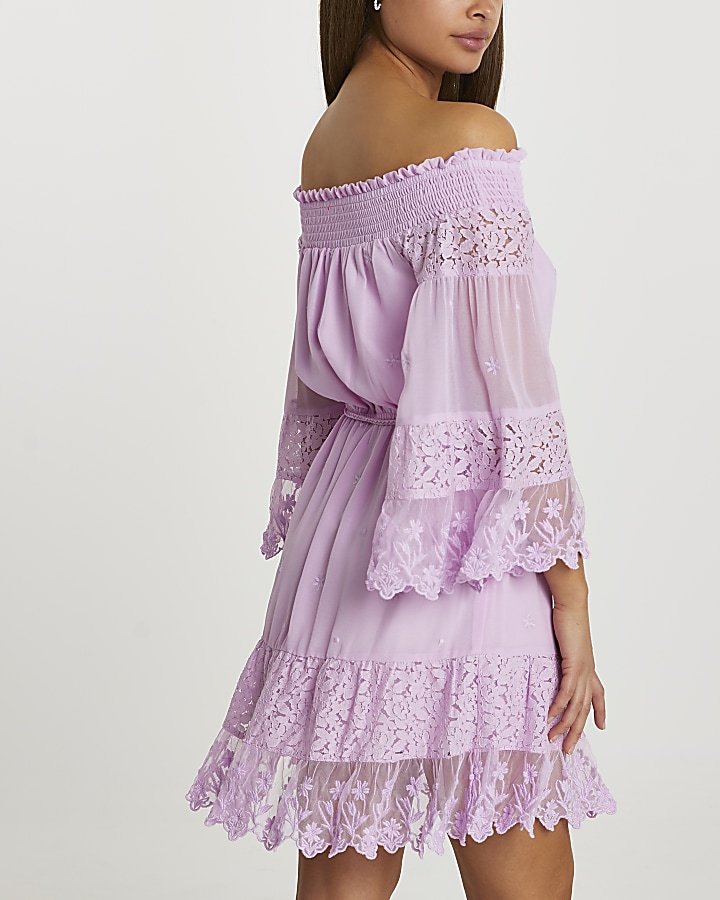 Purple bardot lace beach mini dress