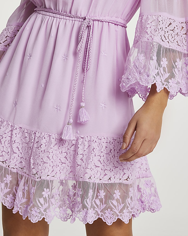 Purple bardot lace beach mini dress