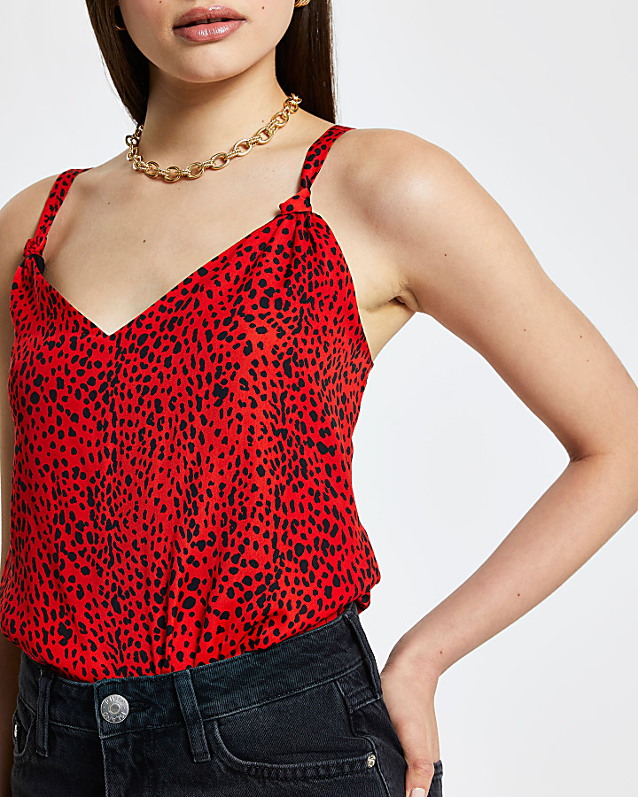Red print sleeveless cami knot detail top