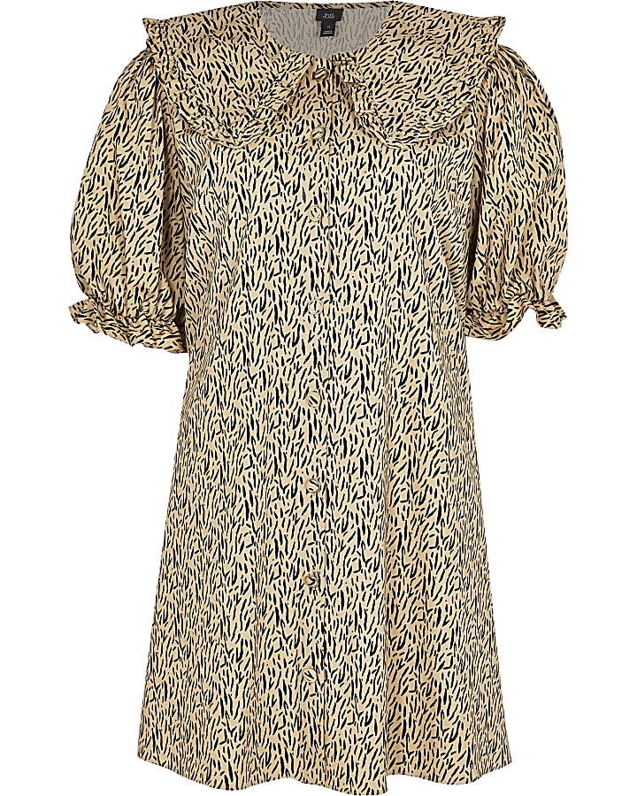 Brown leopard print collar shift mini dress