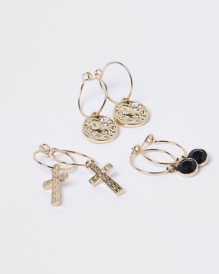 Gold colour cross coin drop earrings 3 pack