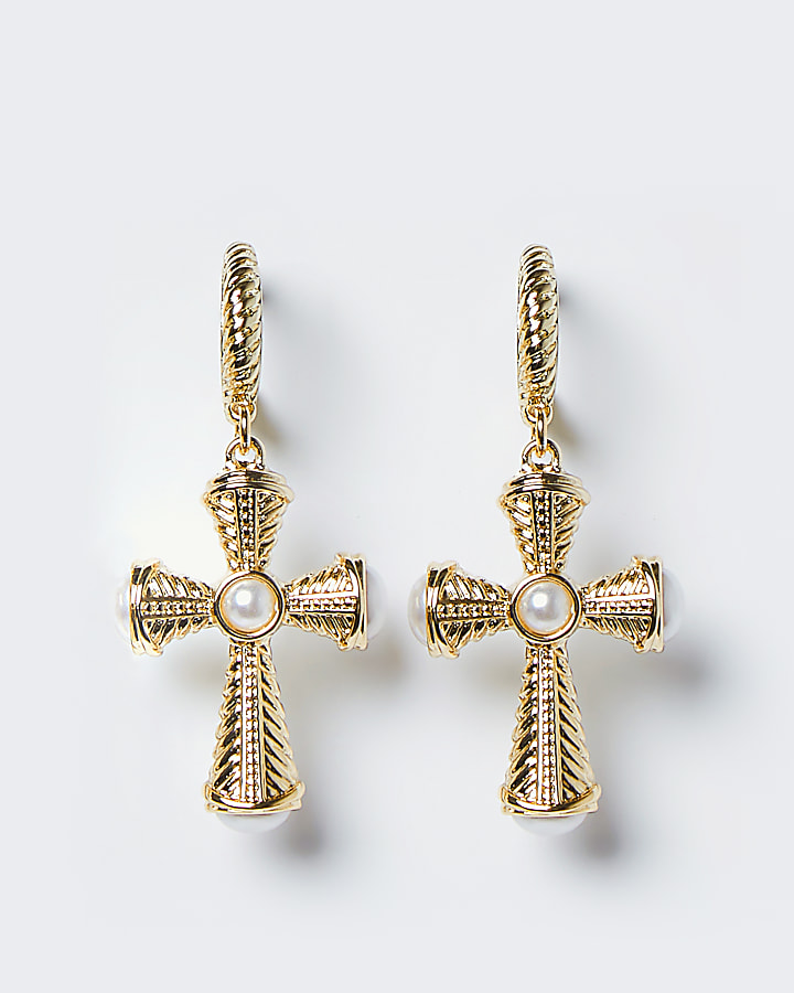 Gold colour chunky cross drop hoop earrings