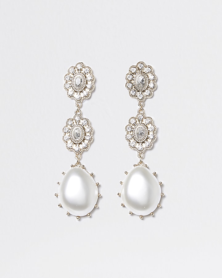 Gold diamante pearl drop earrings