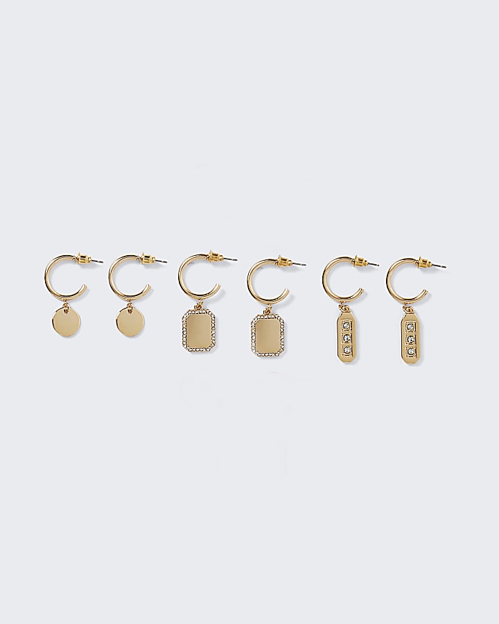 Gold charm drop pack of 3 earrings