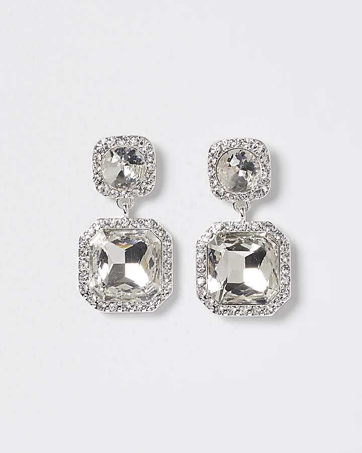 Silver rhinestone double drop earrings