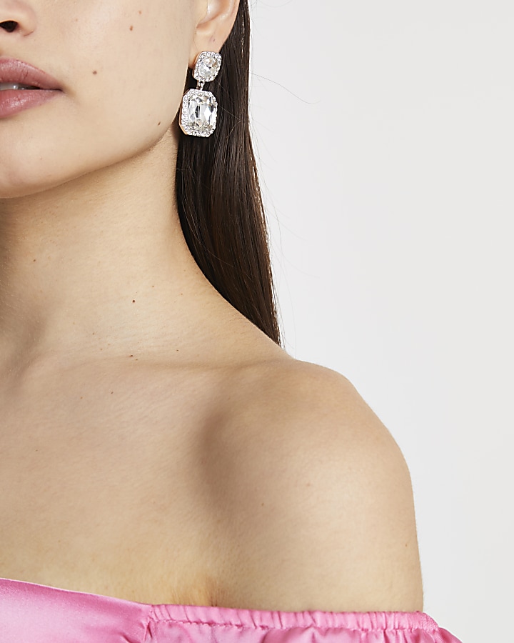Silver rhinestone double drop earrings