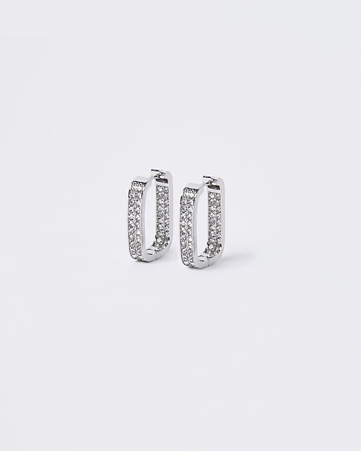 Silver colour square diamante hoop earrings