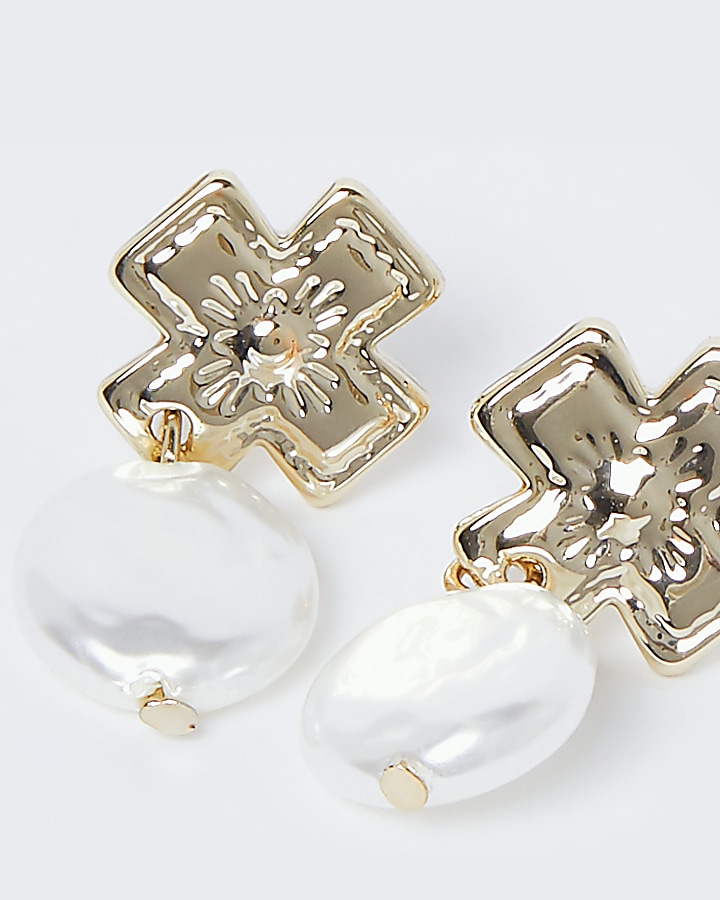 Gold colour pearl cross drop earrings