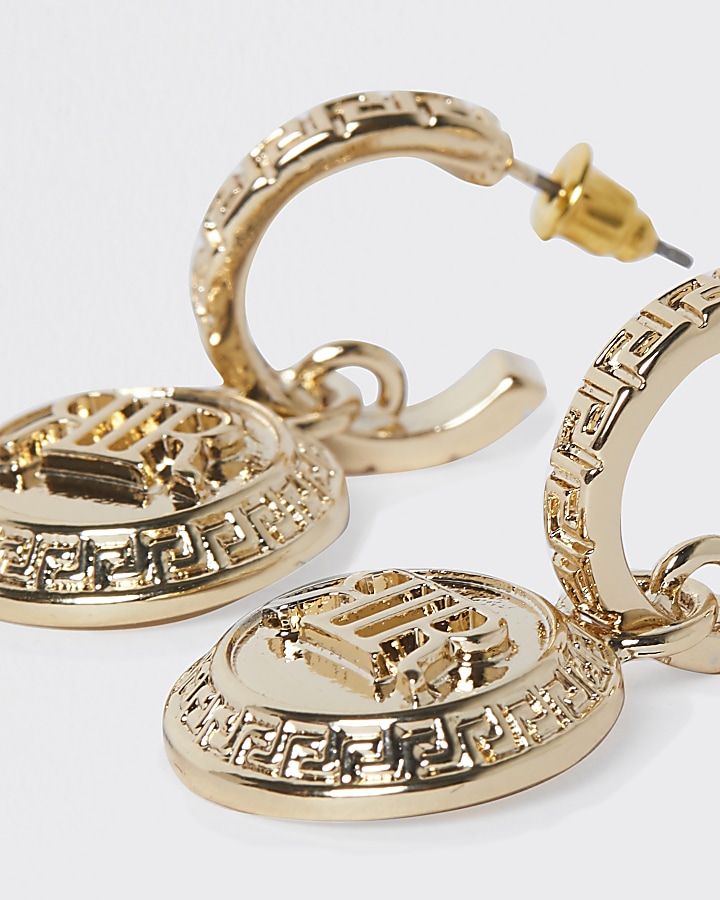 Gold 'RIR' coin drop earrings