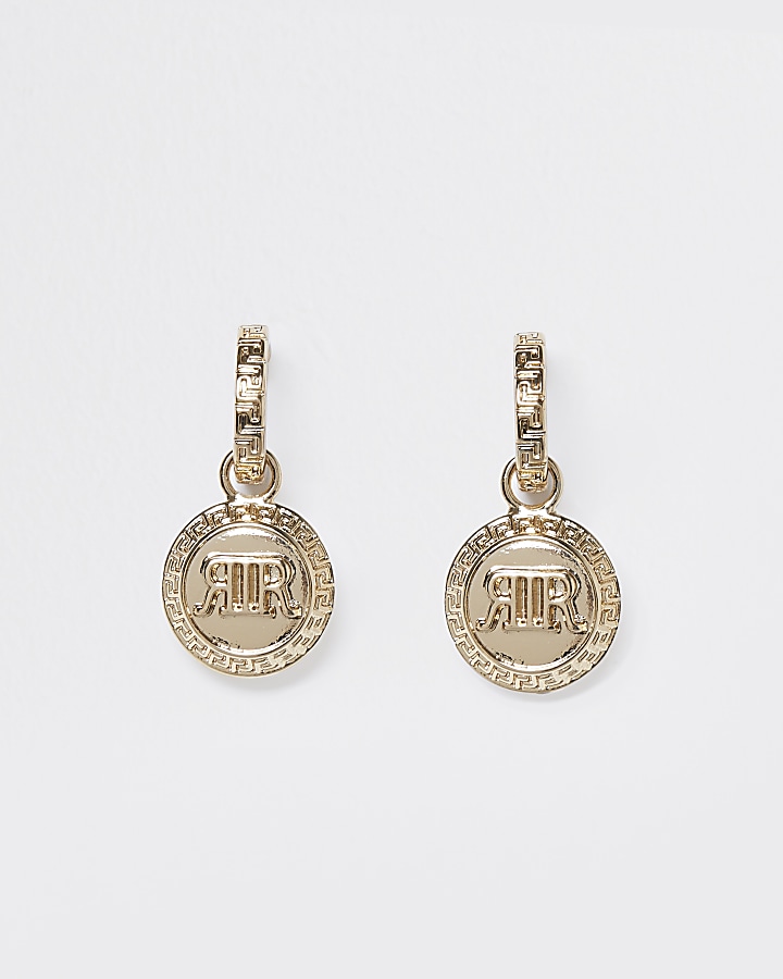 Gold 'RIR' coin drop earrings