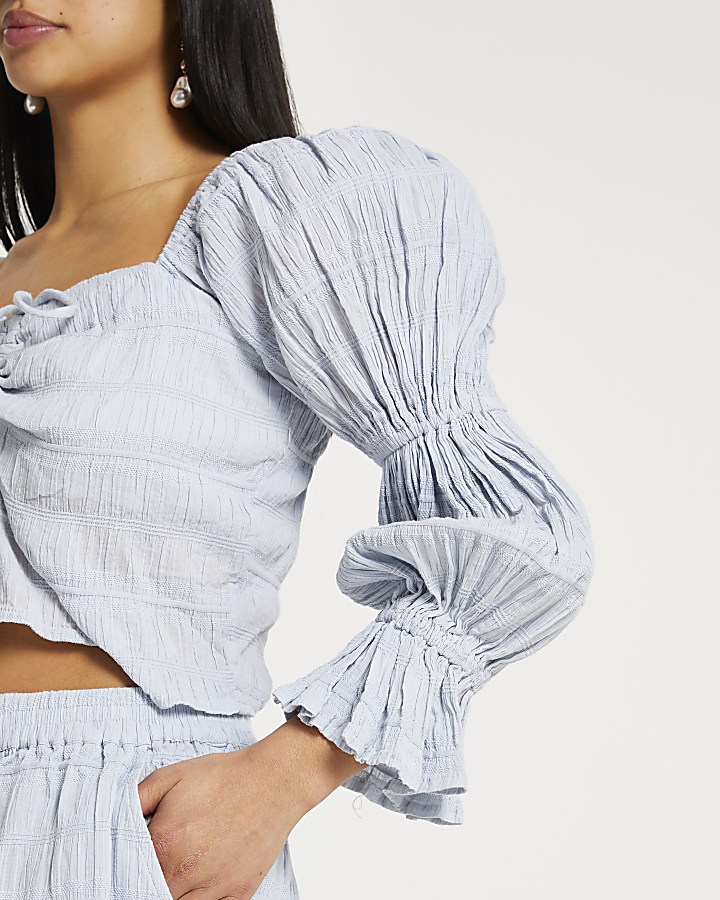 Petite blue ruched puff sleeve crop top