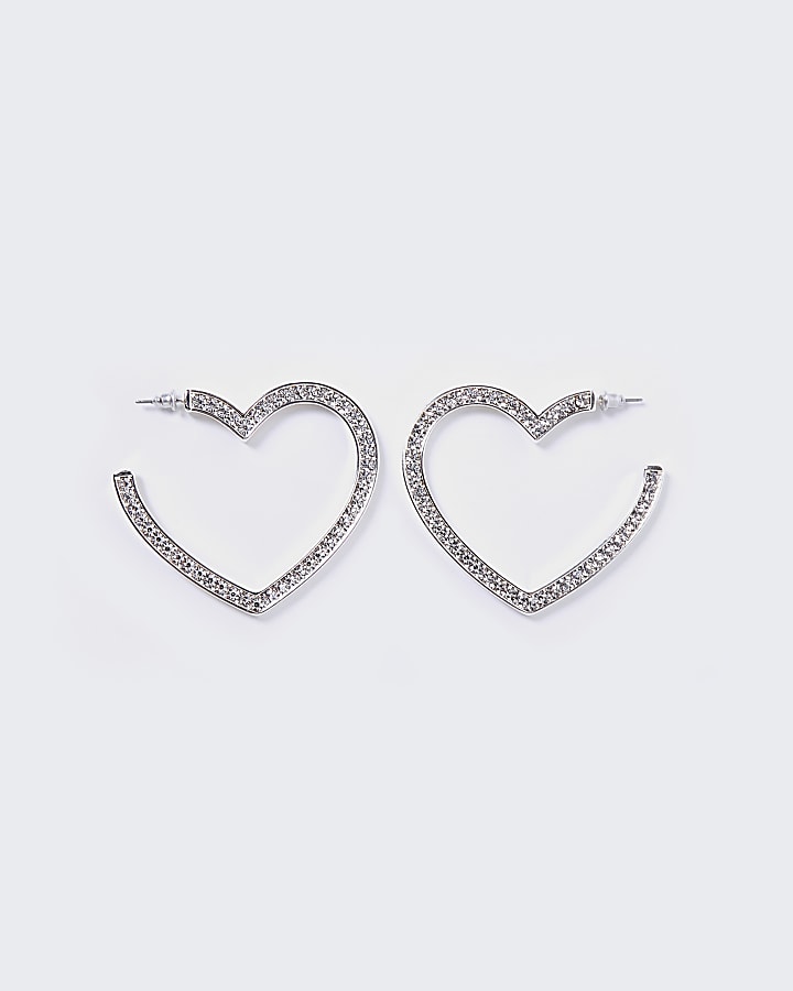 Silver pave heart hoop earrings