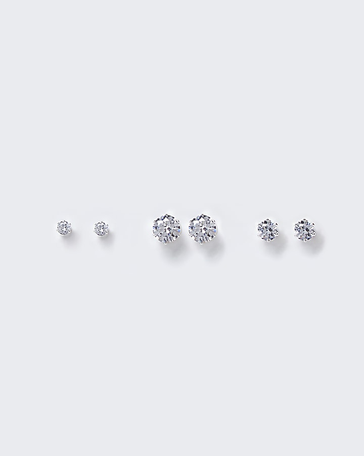 Silver diamante stud earrings multipack