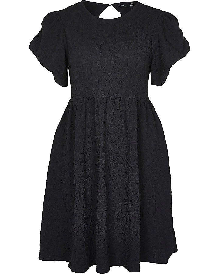 Black textured puff sleeve mini dress